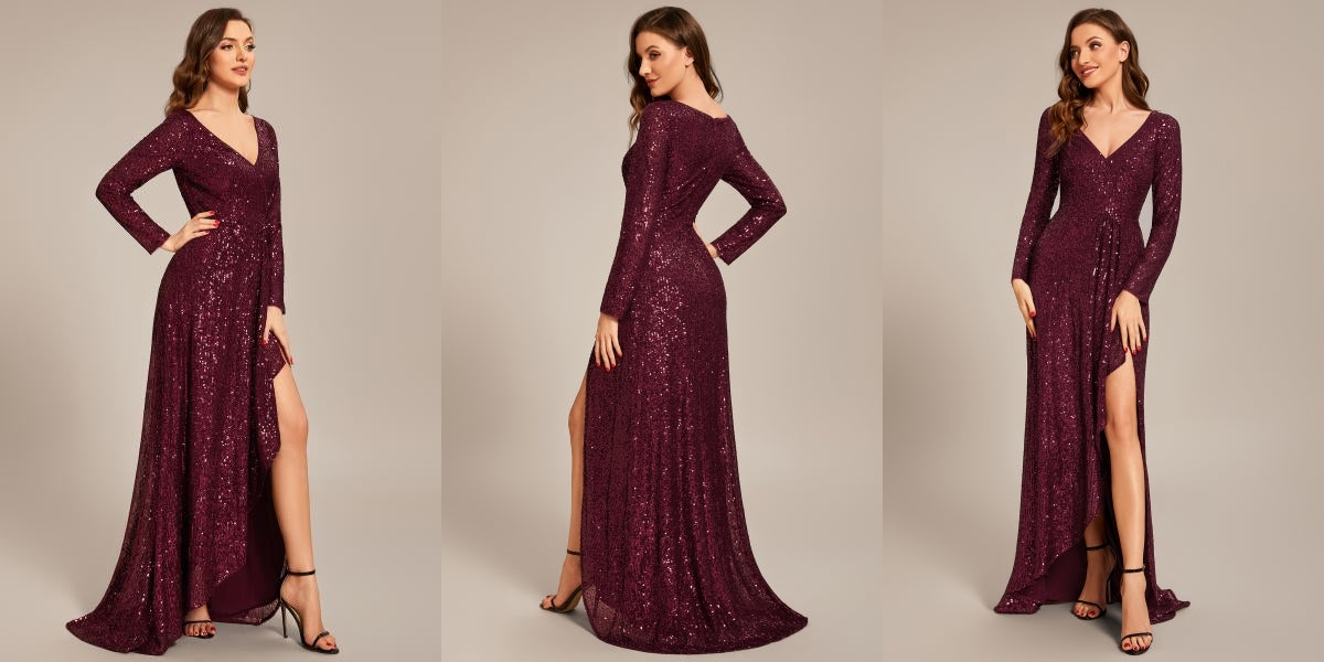 Burgundy Sequin Long Sleeve V-neck Asymmetrical Hem Evening Dress