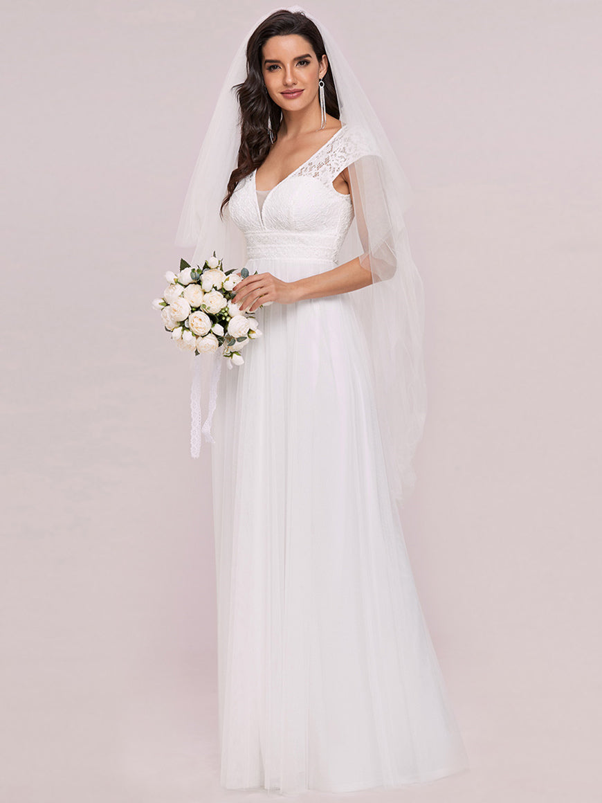 Cap-Sleeve-Lace-V-Neck-Floor-Length-A-line-Wedding-Dress