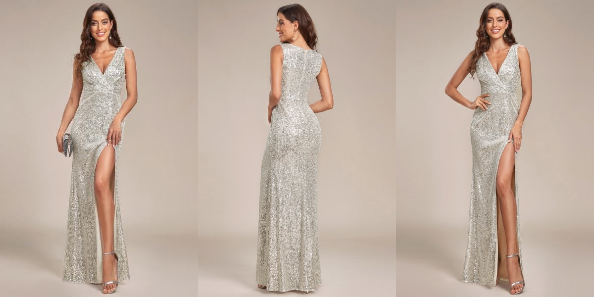 Charcoal Shiny Sleeveless Sequin Deep V-Neck High Slit Evening Dress