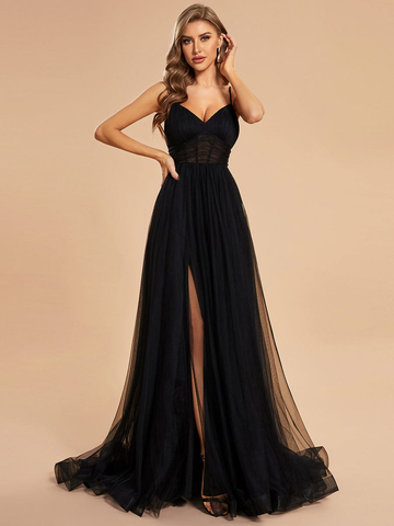 Custom Illusion High Slit Formal Dress with Tulle Skirt