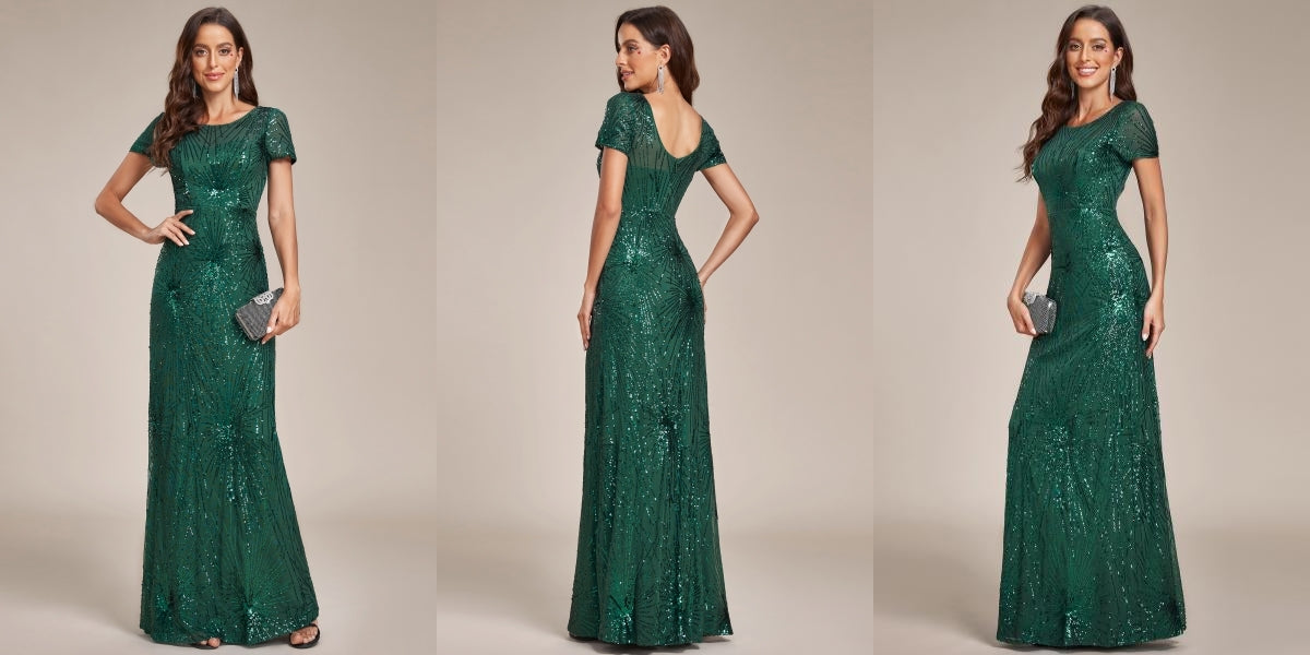 Dark Green Fireworks Embroidered Sequins Backless Bodycon Evening Dress