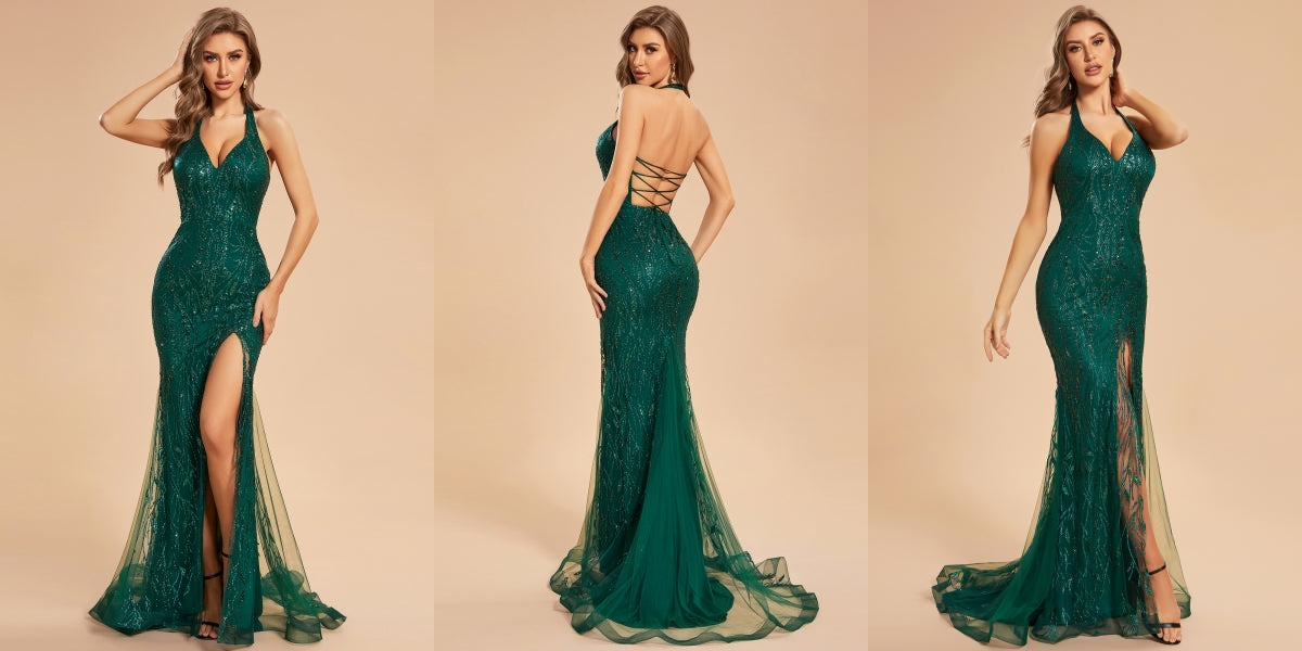 Dark Green Shinning Halter V-Neck Bodycon Back Lace-Up Mermaid Prom Dress
