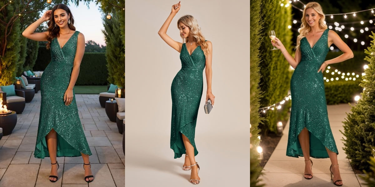 Dark Green Sparkling V-Neck Sleeveless Asymmetrical Hem Sequin Evening Dress