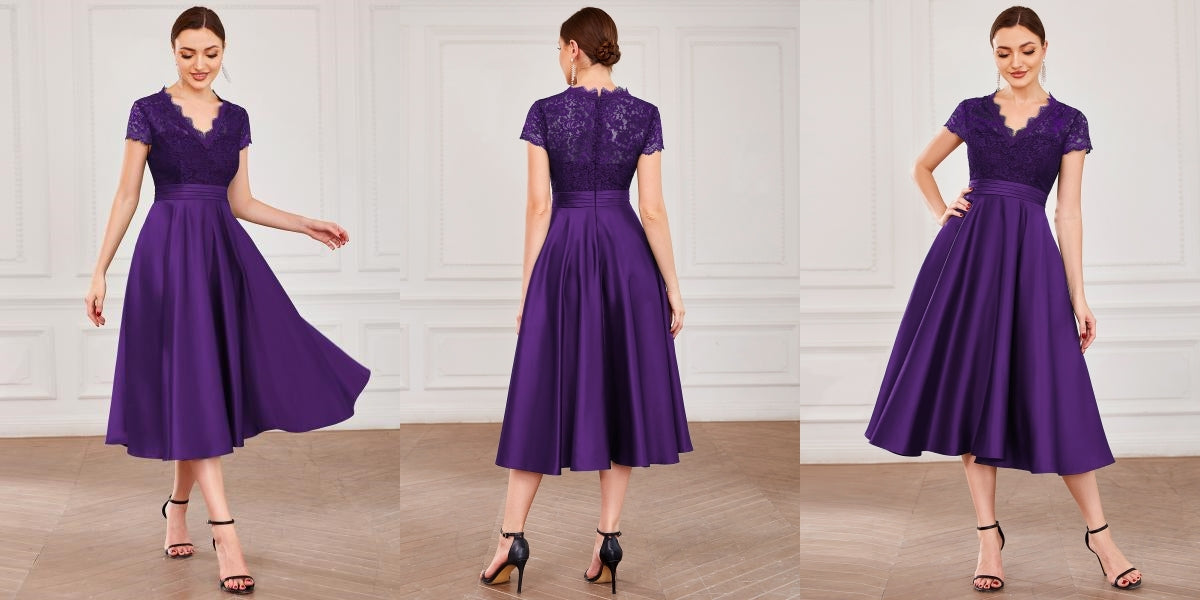 Dark Purple Romantic V-neck Lace Bodice Wedding Guest Dress with Pockets