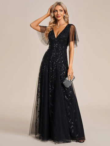 Shimmery V Neck Ruffle Sleeves Sequin Maxi Long formal Dress for cruise