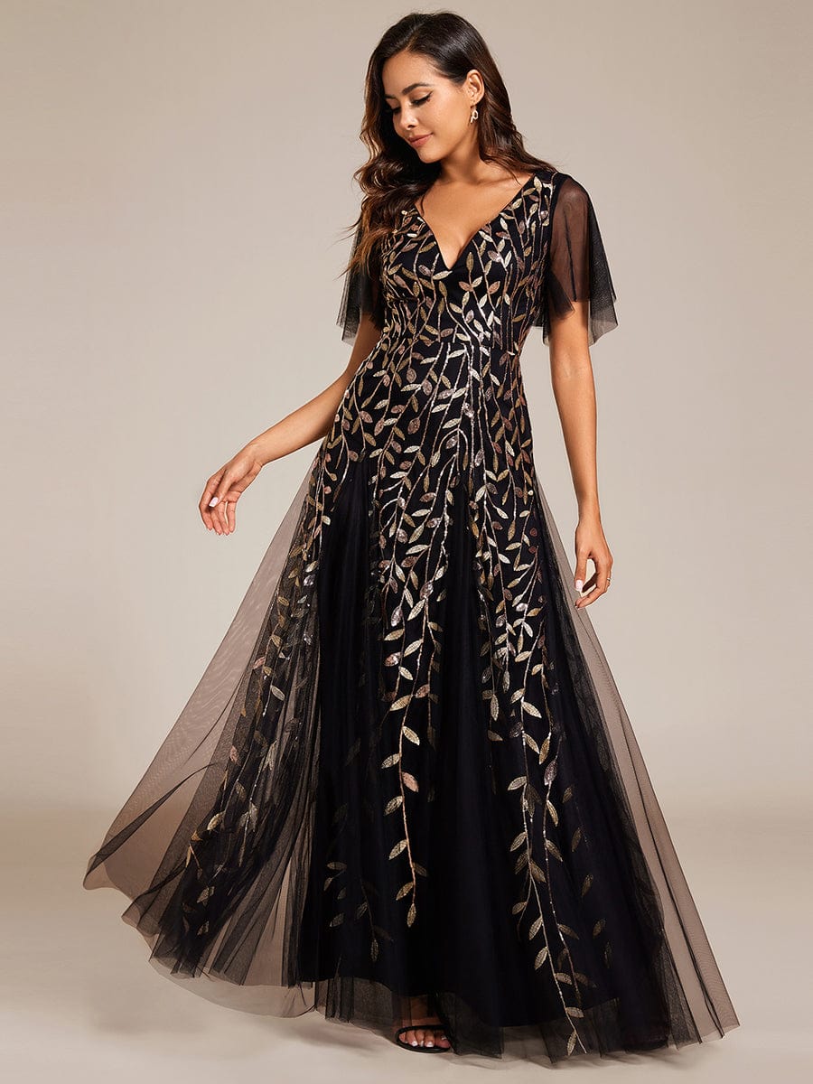 Shimmery V Neck Ruffle Sleeves Sequin Maxi Long Evening Dress