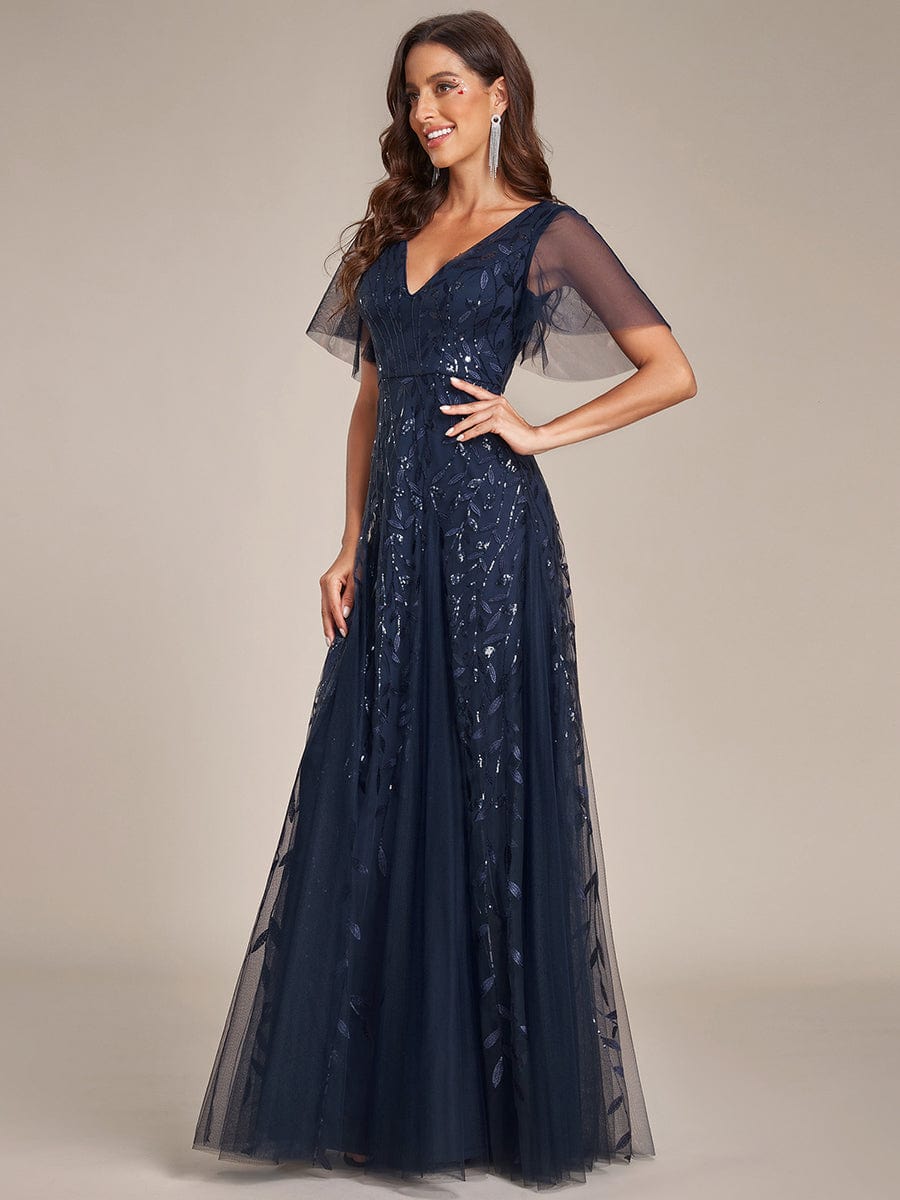 Shimmery V Neck Ruffle Sleeves Sequin Maxi Long Evening Dress