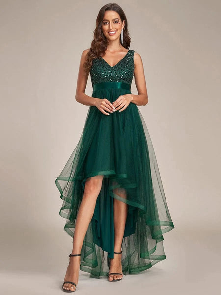 Sequin Bodice Tulle High-Low Cocktail Dress