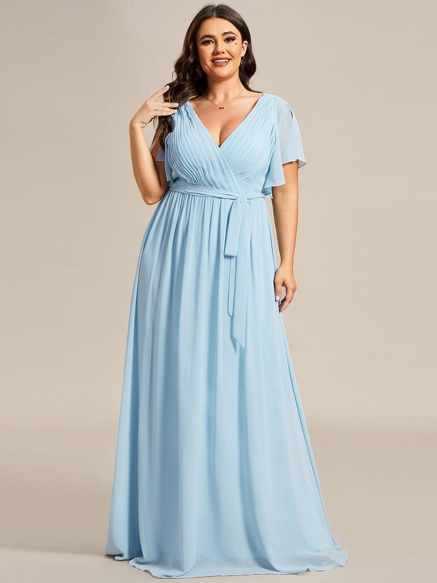 Plus Size Ruffle Pleated Chiffon Tie-Waist Evening Dress