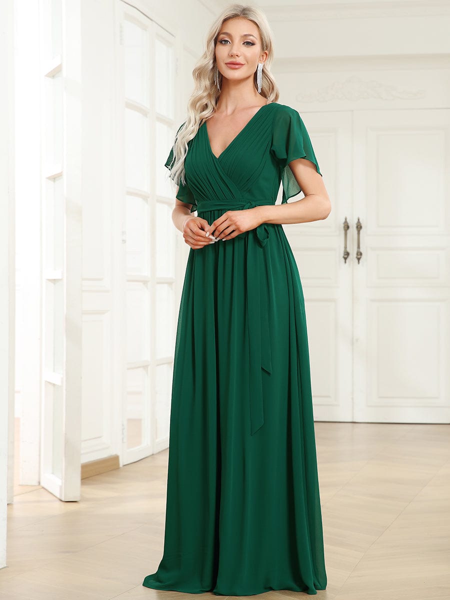 A-Line Pleated Chiffon Tie-Waist Evening Dress