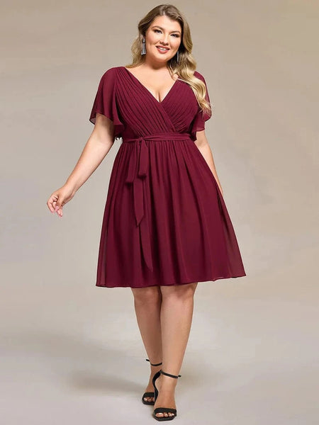Burgundy Tie-Waist Midi Wedding Guest Dress with Flutter Sleeves