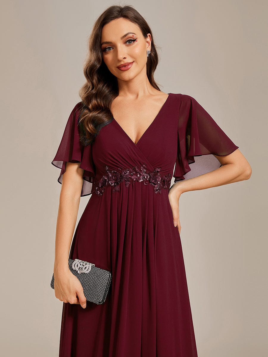 Ruffles Sleeve A-Line Chiffon Waist Applique Maxi Formal Evening Dress