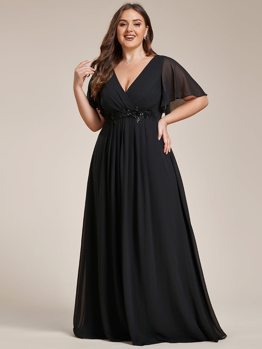 Plus Size Floral Applique Short Sleeve A-Line Chiffon Formal Evening Dress