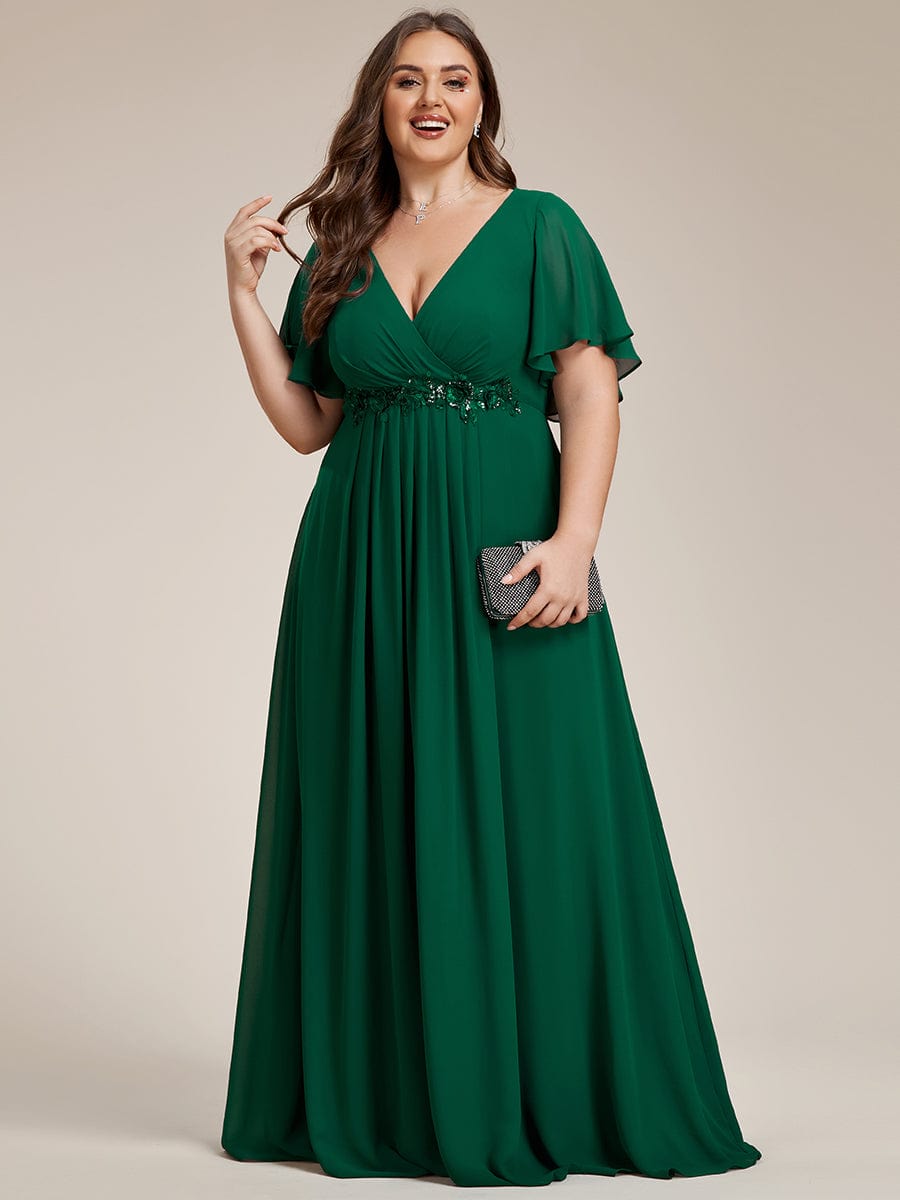 Plus Size Floral Applique Short Sleeve A-Line Chiffon Formal Evening Dress