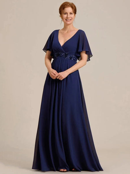 Ruffles Sleeve A-Line Chiffon Waist Applique Maxi Mother of the Bride Dress