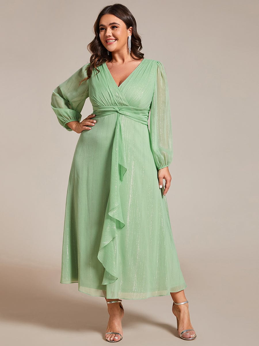 Plus Size Twist Knot Louts Leaf Long Sleeve A-Line Evening Dress