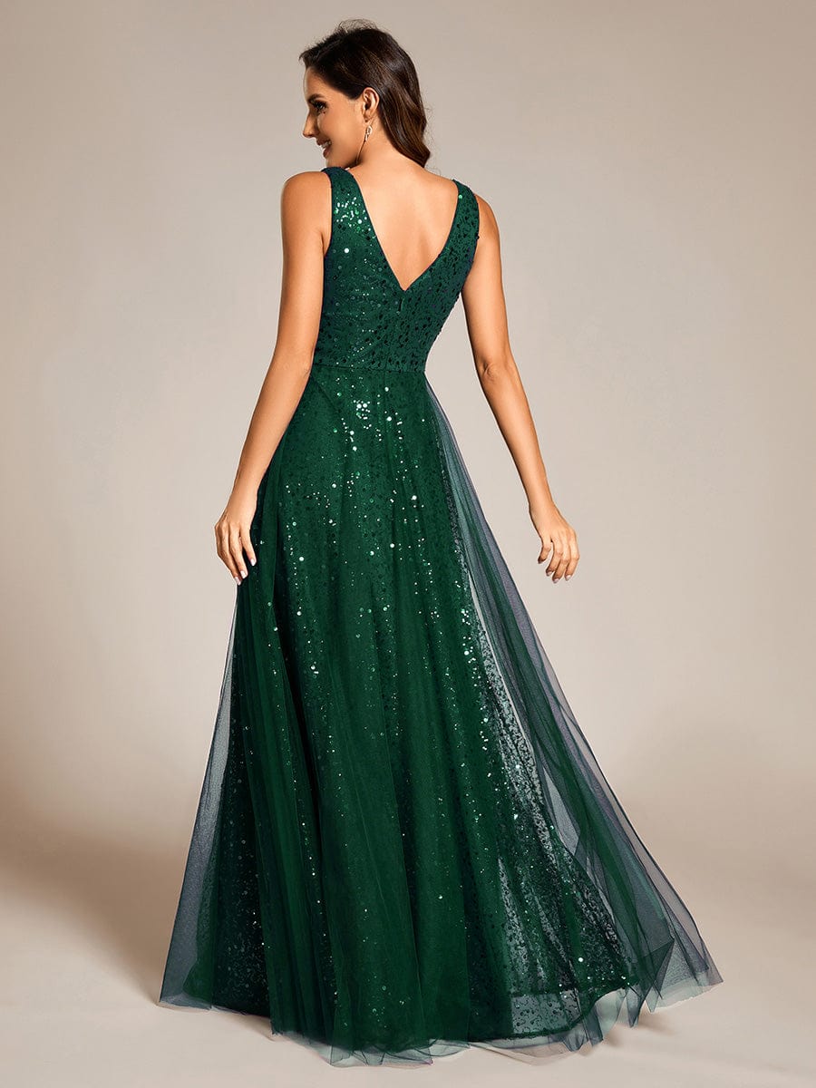 V-Neck Sleeveless High-Waist See-Through Sequin Tulle Evening Dress