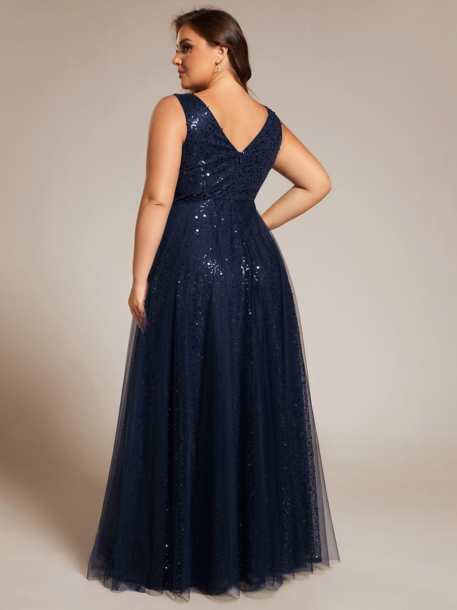 Plus Size Sequin V-Neck Sleeveless Empire Waist Tulle Formal Evening Dress