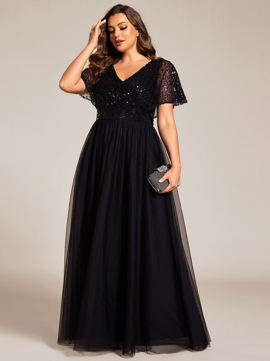 Plus Size Short Sleeves Sequin V-Neck Formal Evening Dress with Tulle