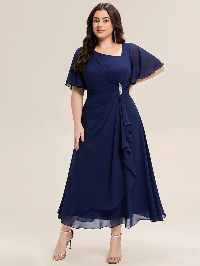 Pleated Chiffon Midi Dress With Flutter Sleeves
