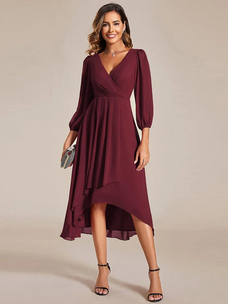  3/4 Sleeves Asymmetrical Hem A-Line Midi Wedding Guest Dress 