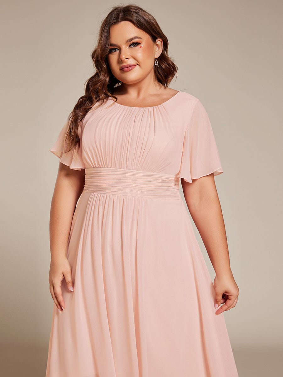 Plus Size Pleated Round Neckline A-Line Midi Chiffon Wedding Guest Dress