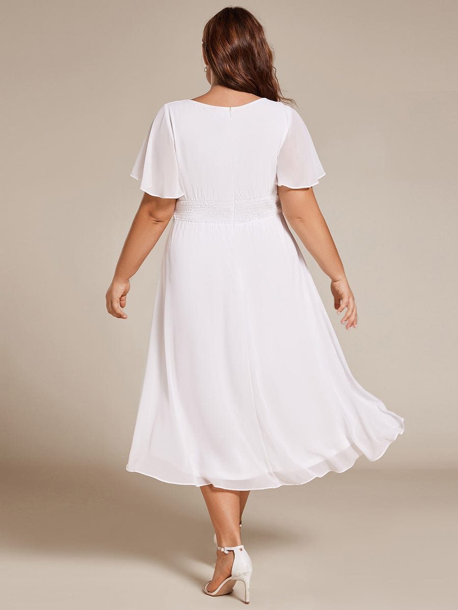 Plus Size Pleated Round Neckline A-Line Midi Chiffon Wedding Guest Dress