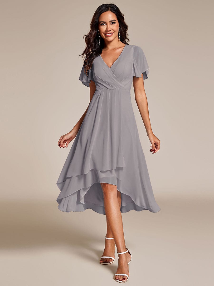 Ruffles Sleeve Pleated V-Neck A-Line Midi Chiffon Wedding Guest Dress