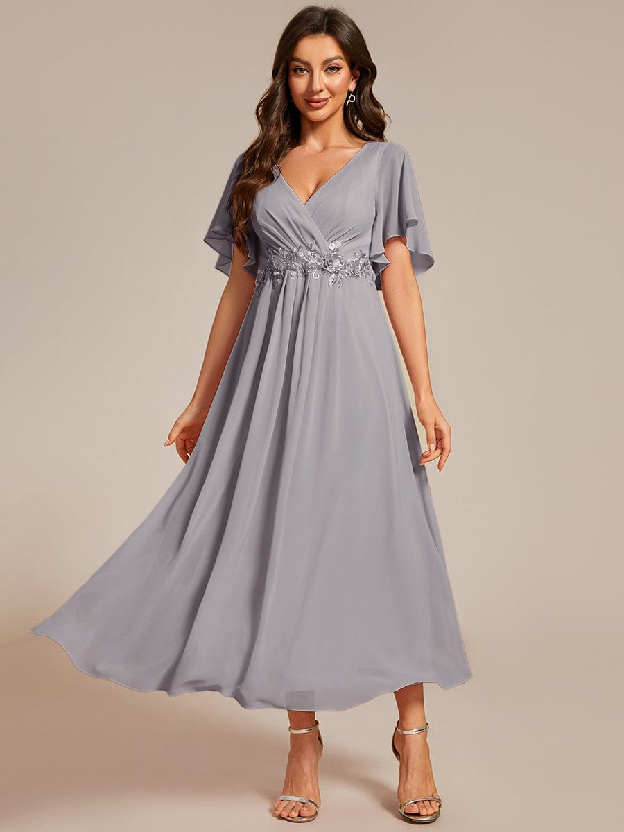 Short Sleeves V-Neck Tea Length Wedding Guest Dress with Floral Applique