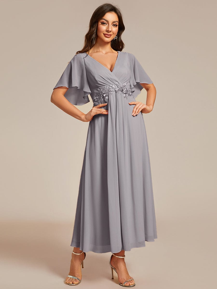 Short Sleeves V-Neck Tea Length Wedding Guest Dress with Floral Applique