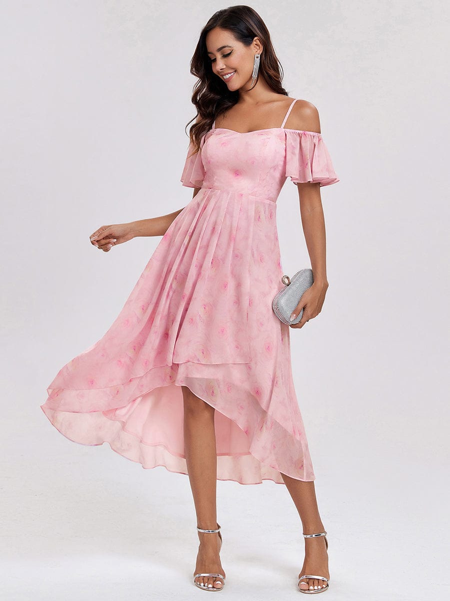 Spaghetti Strap Cold Shoulder Chiffon A-Line Midi Wedding Guest Dress