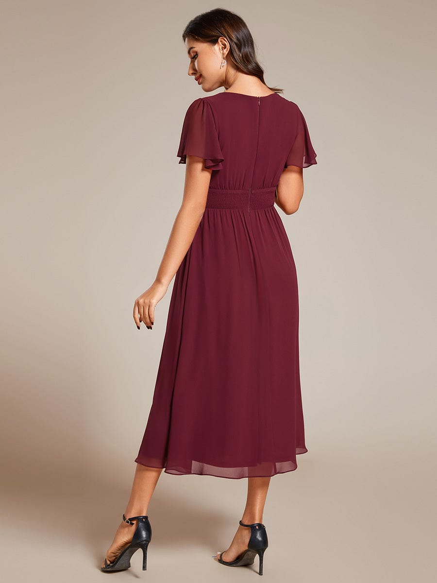 Elegant V-Neck Ruffle Sleeves Empire Waist Wedding Guest Dress in Chiffon