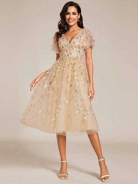 Embroidered Yellow Tulle Dress with Flutter Sleeves