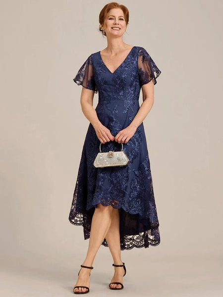 Embroidered Mesh Double V Neck Midi Mother of the Bride Dress