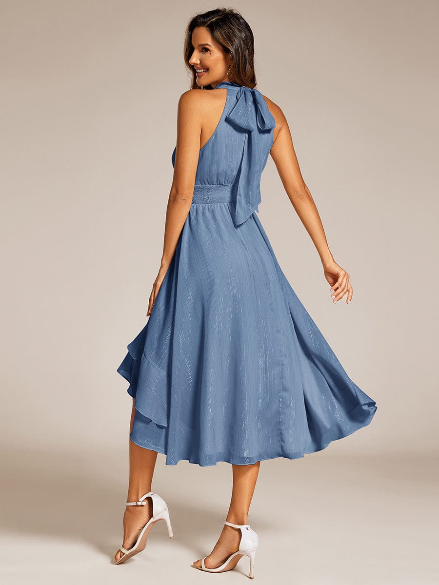 Sparkly High-Low Ruffle Halter Neck Wedding Guest Dress with Pleating