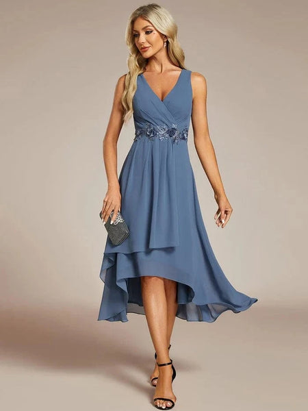 Sleeveless V-Neck High Low Dress with Floral Applique