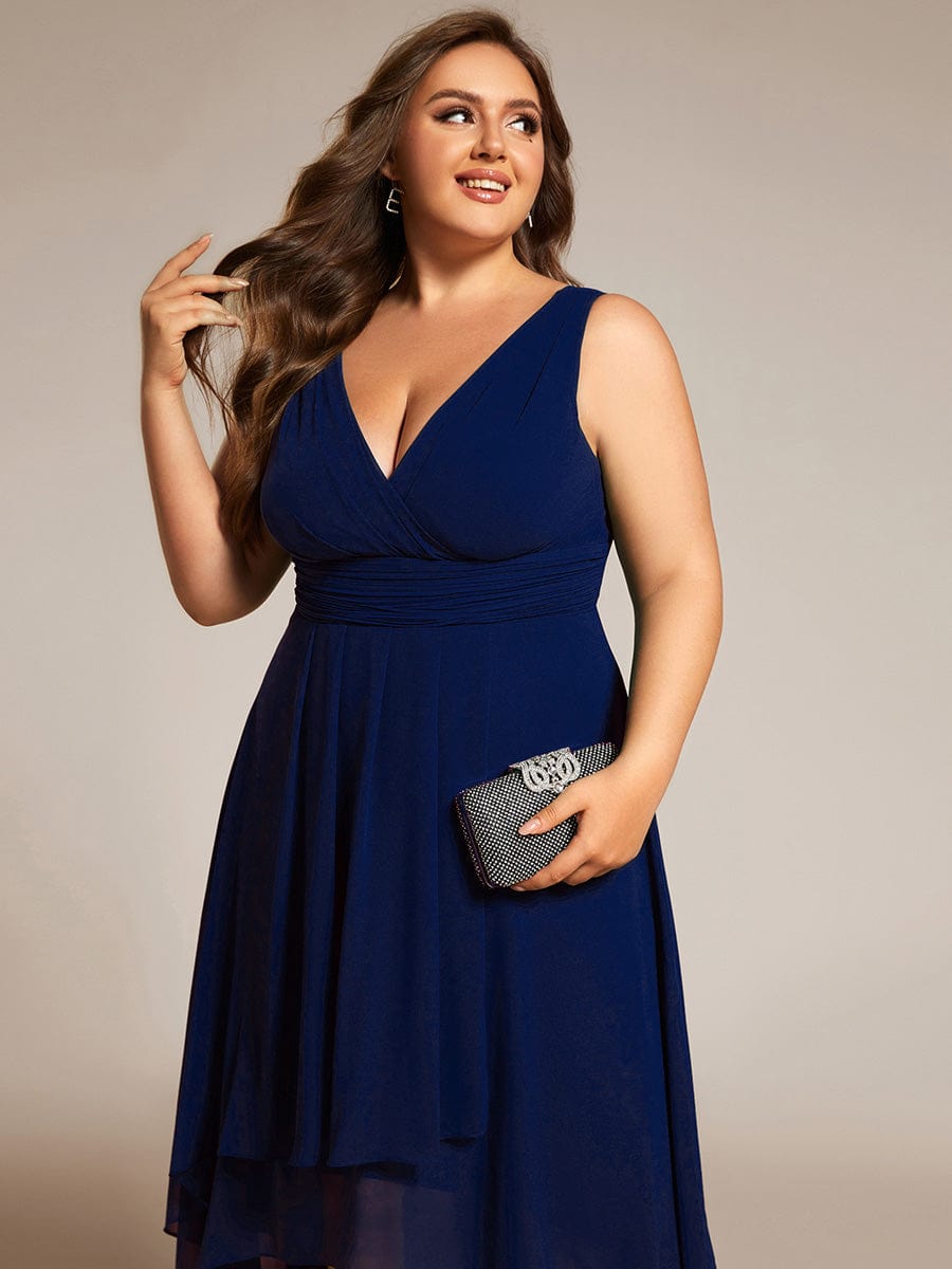 Plus Size Pleated Sleeveless V-Neck Midi Chiffon Wedding Guest Dress