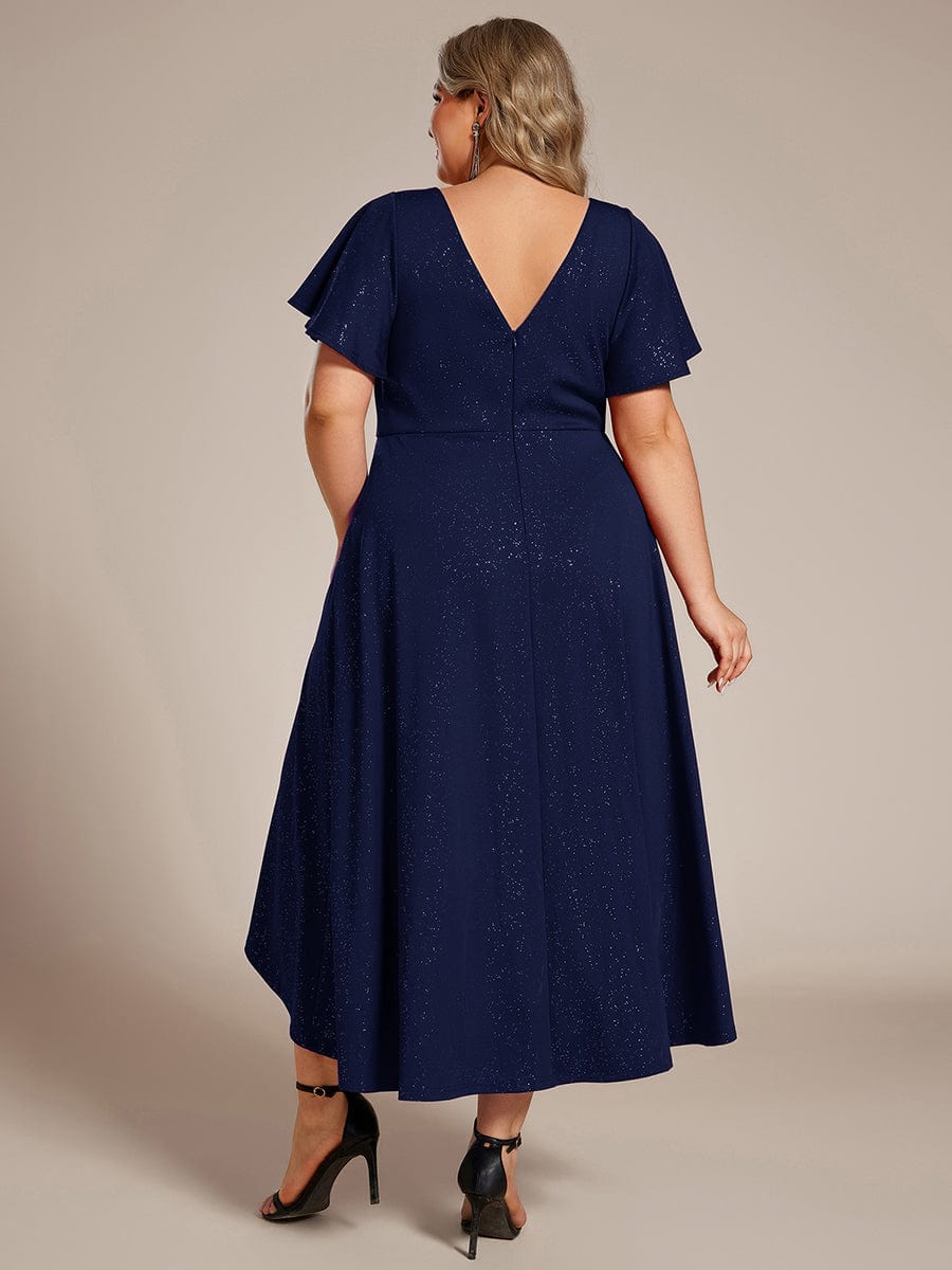 Plus Size  Ruffled Sleeves Glitery V-Neck Midi Wedding Guest Dress