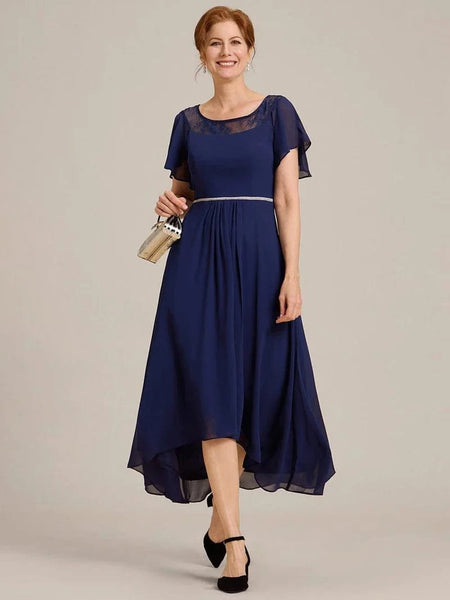 Chiffon Ruffle Sleeves Asymmetrical Hem Mother of the Bride Dress
