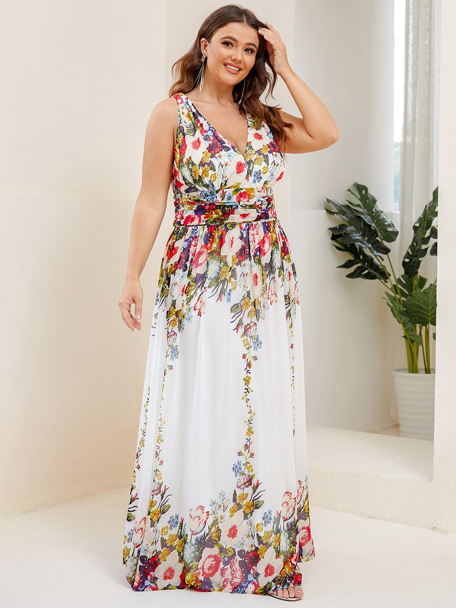 Plus Size Sleeveless V-Neck Chiffon Semi Formal Maxi Dress