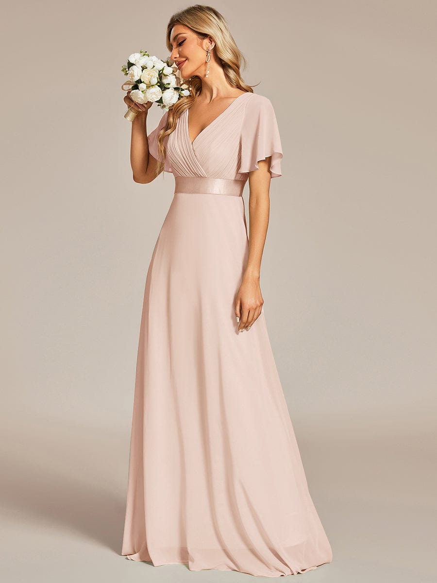 Long Empire Waist Bridesmaid Dress with Short Flutter Sleeves