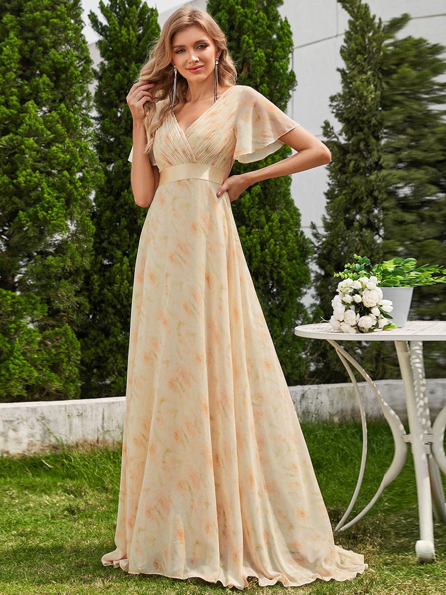 Long Empire Waist Bridesmaid Dress with Short Flutter Sleeves