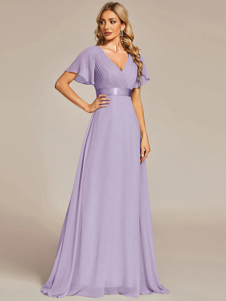 Long Empire Waist Bridesmaid Dress with Short Flutter Sleeves