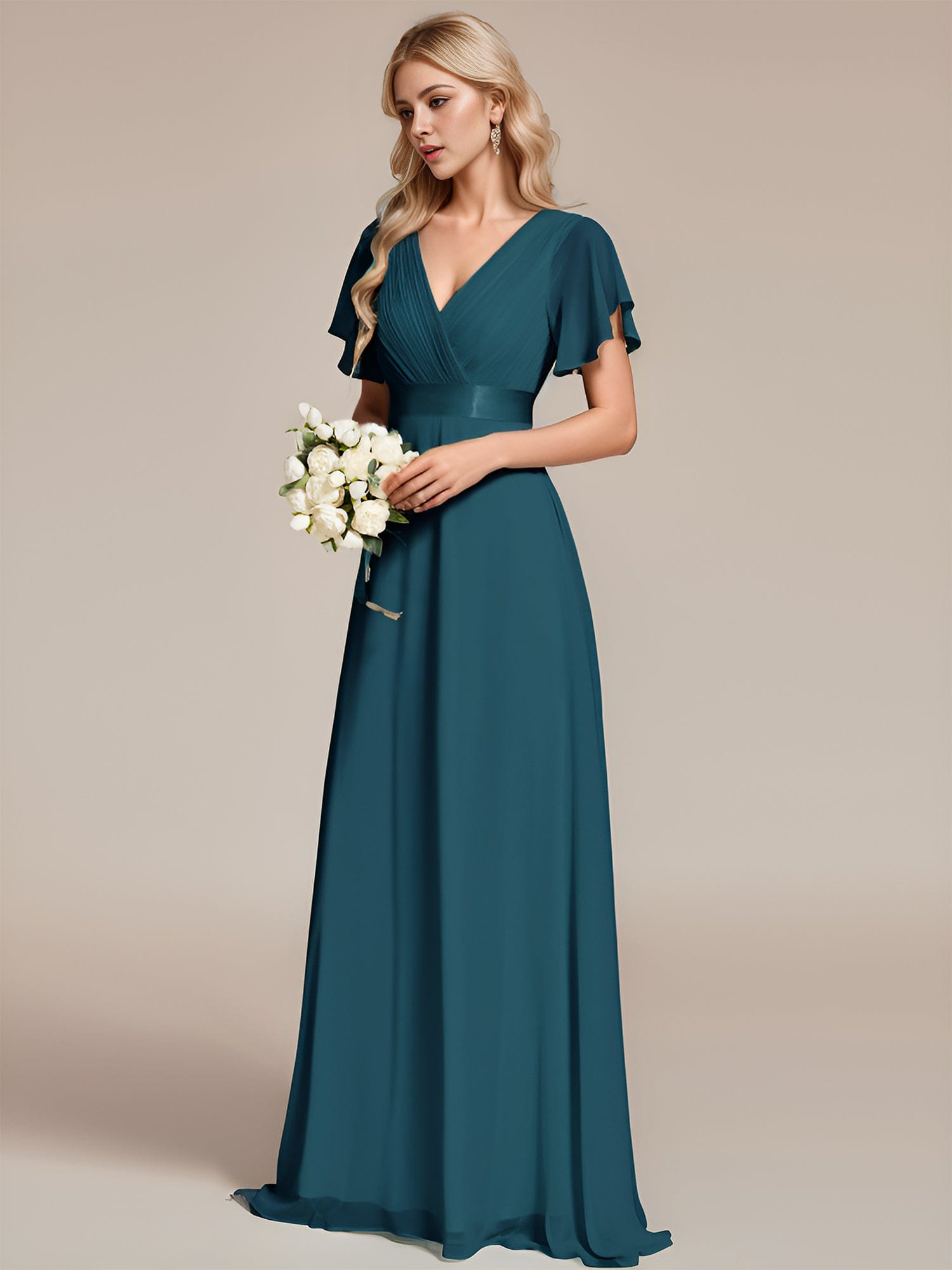 Long Chiffon Empire Waist Bridesmaid Dress with Short Flutter Sleeves