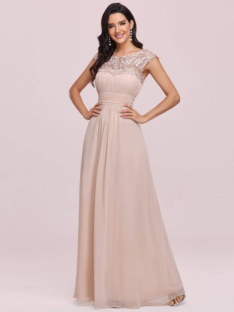 Elegant Maxi Long Lace Cap Sleeve Bridesmaid Dress