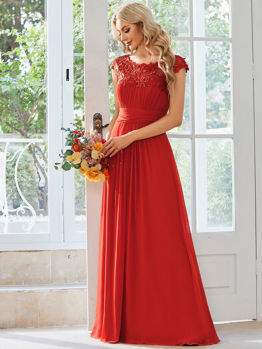 Elegant Maxi Long Lace Cap Sleeve Bridesmaid Dress