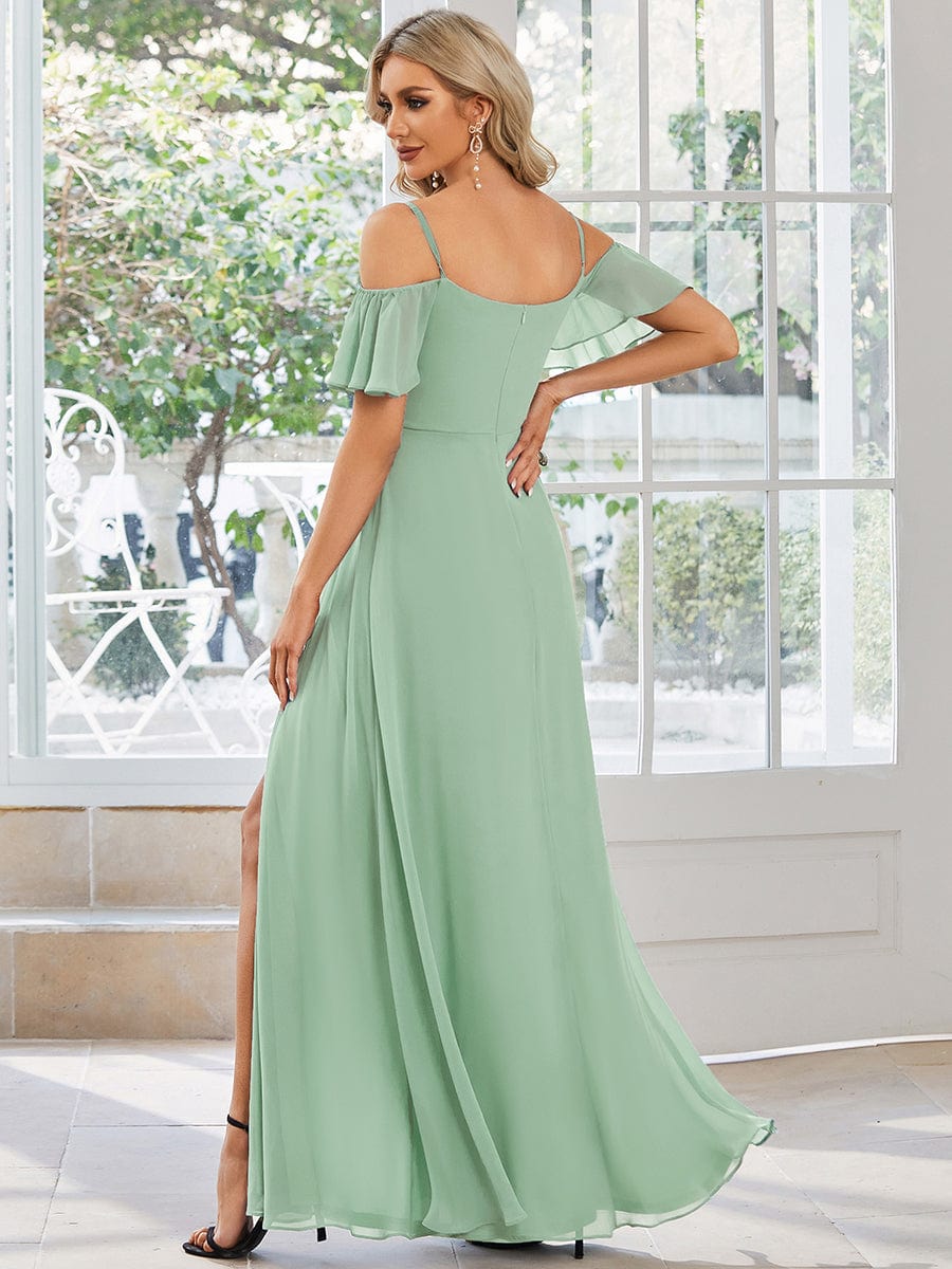 Stylish Cold Shoulder Flare Sleeves Flowy Bridesmaid Dress