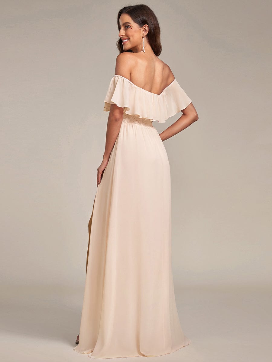 Off the Shoulder Ruffle Bodice Long Flowy Chiffon Bridesmaid Dress