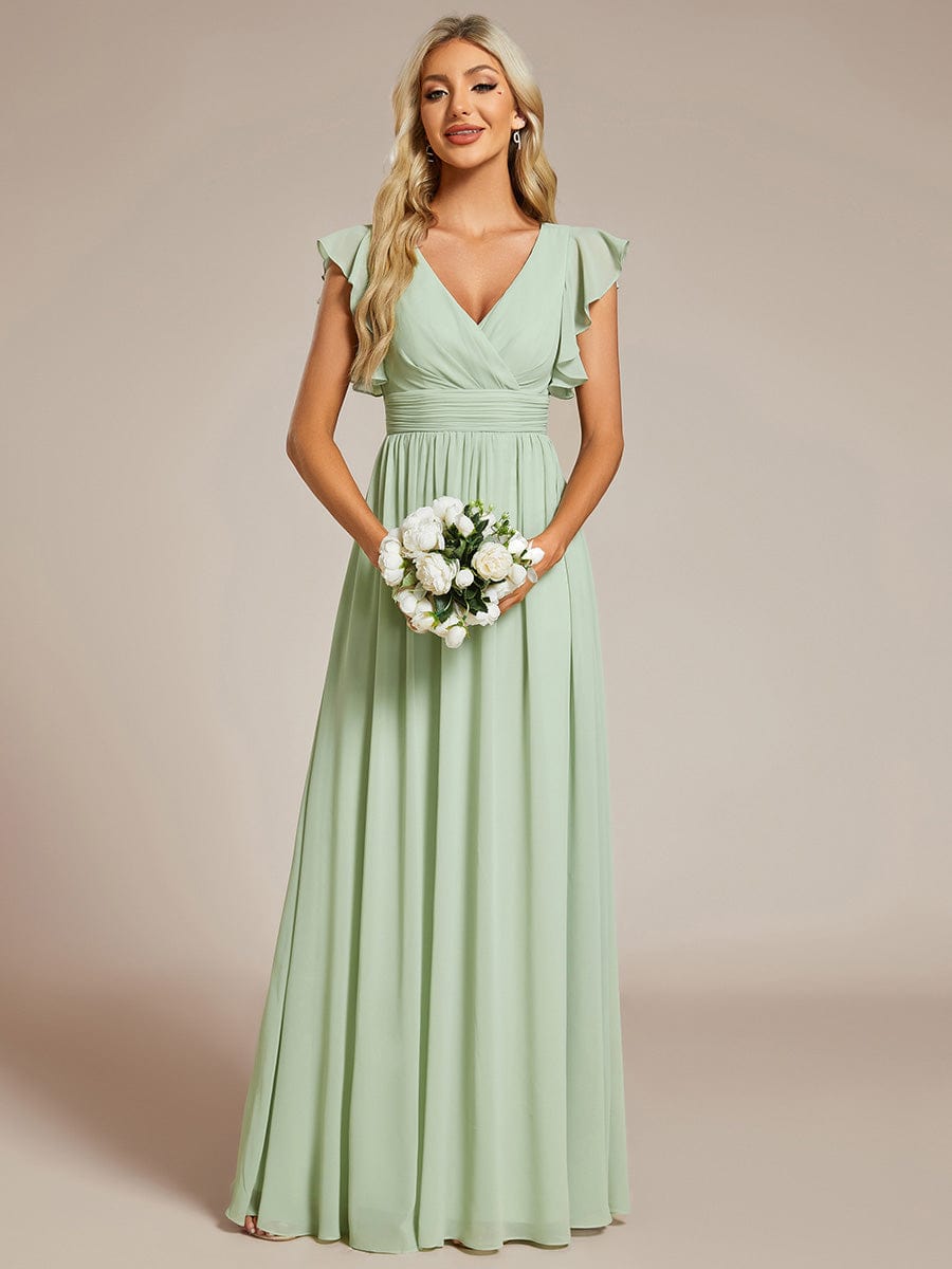 Back Cutout A-Line Pleated Ruffles Sleeve Chiffon Bridesmaid Dress