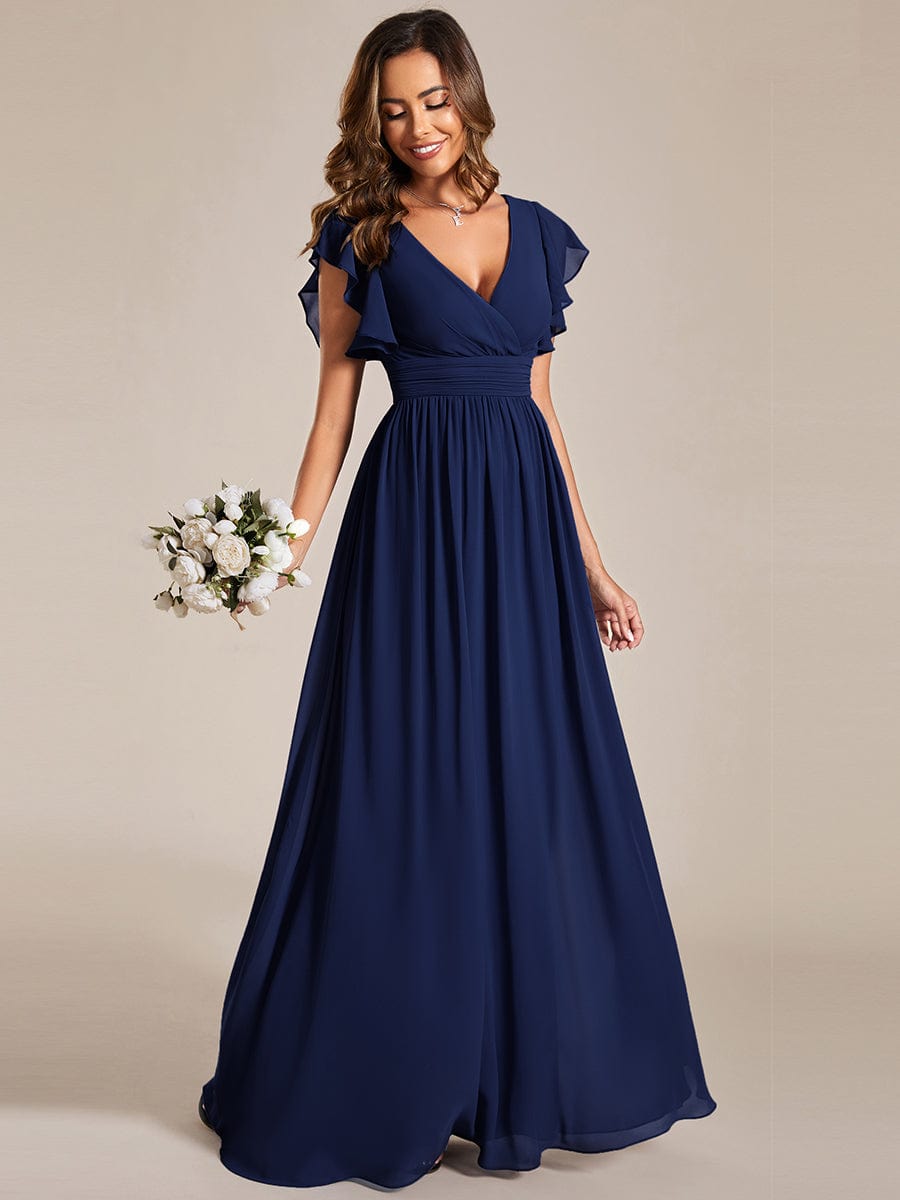 Back Cutout A-Line Pleated Ruffles Sleeve Chiffon Bridesmaid Dress